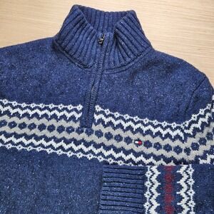 Tommy Hilfiger Mens Blue Fair Isle Quarter Zip Sweater M‎ Luxury Blend Wool READ
